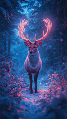 A magical winter deer with glowing antlers standing in a snowy forest at night.