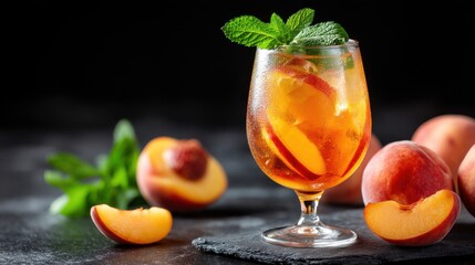 Refreshing peach cocktail with mint and ice. Sweet summer drink recipe. Cold fruit beverage for menu design.