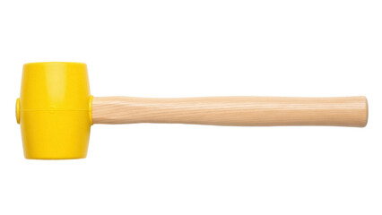 Isolated mallet with yellow head and wooden handle, hand tool for construction and repair work