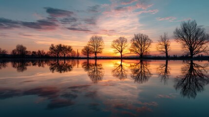 Silhouette of bare trees reflecting on calm water at sunset. Tranquil landscape with colorful sky for nature background or peace concept.