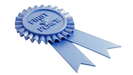 Blue First Place Award Ribbon on White Background