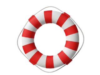 Isolated life buoy, red and white striped lifesaver with rope for emergency rescue aid