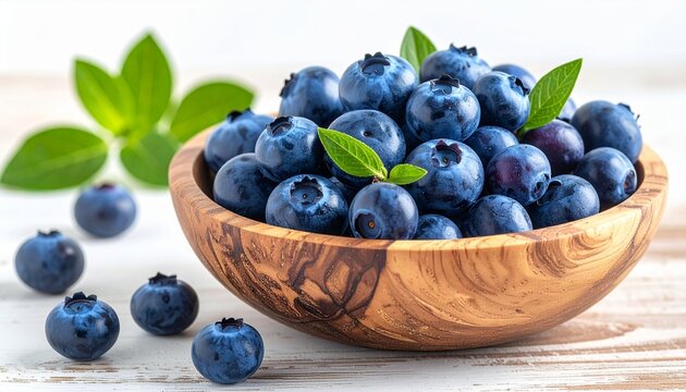 High-detail close-up still life of fresh organic blueberries in a rustic wooden bowl on a wooden table.