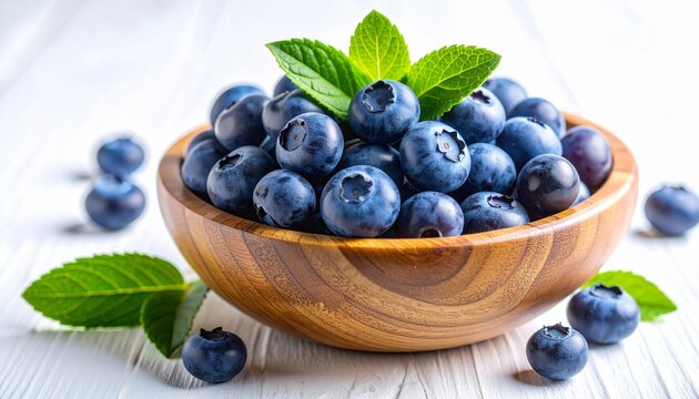 High-detail close-up still life of fresh organic blueberries in a rustic wooden bowl on a wooden table.