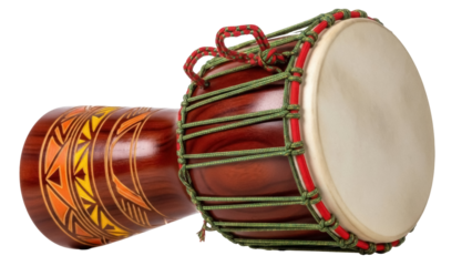 Isolated drum with intricate patterns made of wood and rope for musical performance art
