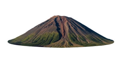 Isolated steep volcano mountain with trees, forest, and rugged terrain rises majestically