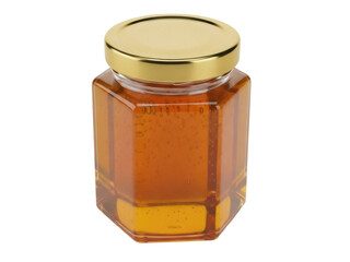 Isolated hexagon jar of honey with gold lid, healthy sweet food, organic natural ingredient