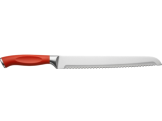 Isolated serrated bread knife, red handle, steel blade for slicing bread at the bakery shop