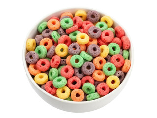 Isolated bowl filled with breakfast cereal loops ready to be served for a morning meal