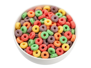 Isolated bowl filled with breakfast cereal loops ready to be served for a morning meal
