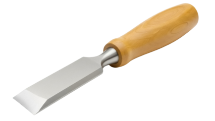 Isolated chisel tool, wood carving instrument with wooden handle for joinery and carpentry