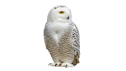 Isolated snowy owl standing tall looking away, a bird of prey, beautiful and unique, wildlife