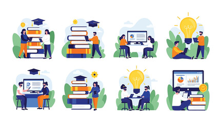 Collage of eight illustrated scenes showing educational activities like reading, discussing, and presenting data, symbolizing learning, collaboration, and intellectual growth in academic environments