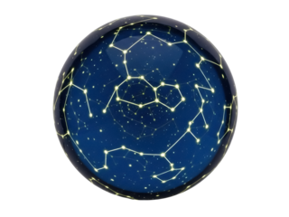 Isolated astrological glass sphere showcasing constellations on a night-sky-blue globe
