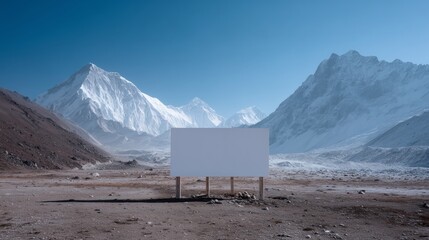A large blank billboard stands isolated amidst a breathtaking snow-covered mountainous terrain under a clear blue sky.