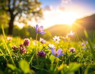 Field with wildflowers in grass, sun blazing behind the hill, sky is a vivid blue