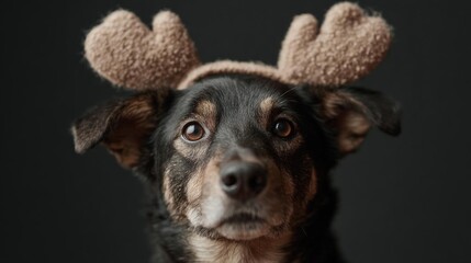 Close-up portrait of a dog's face. the dog appears to be a mixed breed, possibly a chihuahua or a similar breed, with black and tan fur. it is looking directly at the camera with a curious expression.