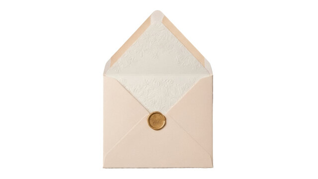 Isolated elegant square envelope with textured paper and wax seal for wedding invitation