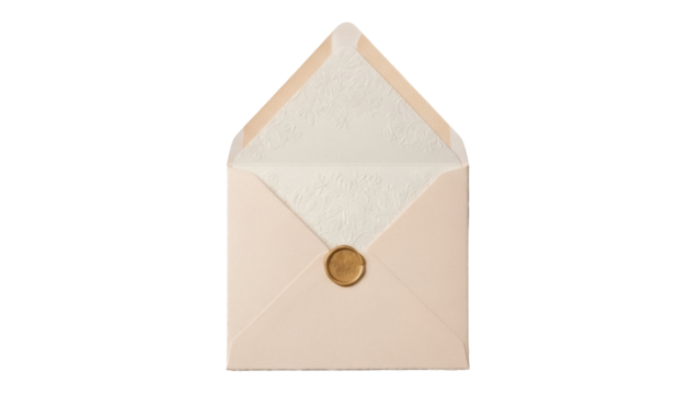 Isolated elegant square envelope with textured paper and wax seal for wedding invitation - Powered by Adobe