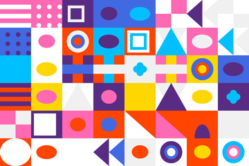 Vibrant geometric mosaic pattern: diverse colorful shapes creating a modern abstract design
