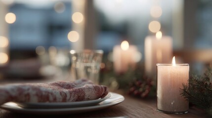 Close-up of a table setting with a white plate and a red and white striped napkin on it. on the right side of the table, there is a small glass of water and a lit candle.