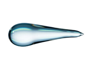 Isolated drop of clear liquid in a teardrop shape that is longer and thinner, translucent