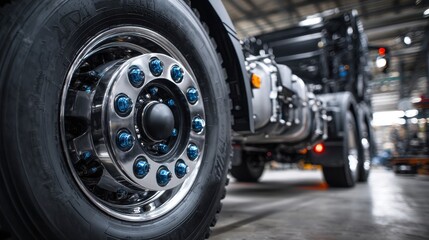 Fototapeta premium Close-up of heavy-duty truck wheel with chrome details and blue lug nuts in an industrial setting