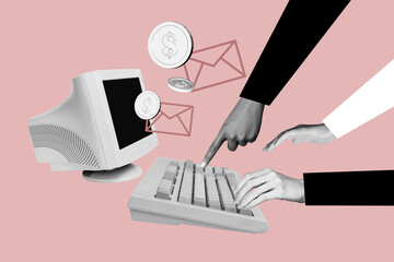 3d art trend banner collage of human hand push keypad programming software coin income envelope networking freelance concept