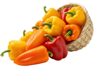 Isolated colorful fresh bell peppers spilling out of a woven basket for nutrition and culinary arts