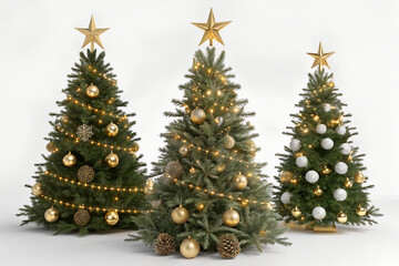 Three Realistic Christmas Trees with Gold and Champagne Baubles, Warm White Fairy Lights, Pinecones, Gold Stars, Lush Green Pine Needles, Festive Holiday Decoration, Crystal Clear, High-Resolution, 8K