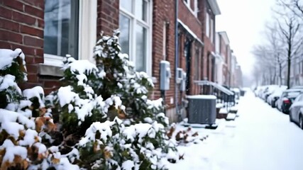 Snow-covered heat pump on brick wall in winter urban setting