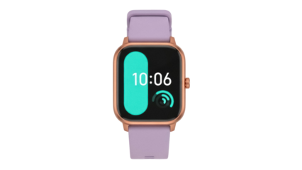 Isolated lavender color smart watch with metal casing, time 10 06, modern technology object