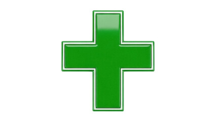 Isolated green plus sign symbol representing health, medicine, help, support and aid