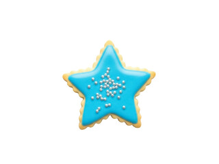 Isolated star-shaped cookie with light blue icing and silver sprinkles, delicious sweet treat