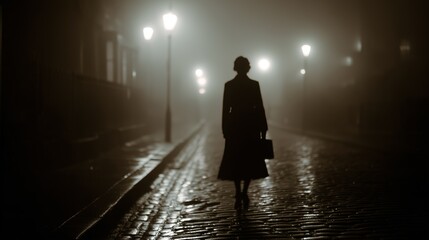 A lone figure walks down a dimly lit, fog-covered cobblestone street with nostalgic streetlamps casting eerie glows.
