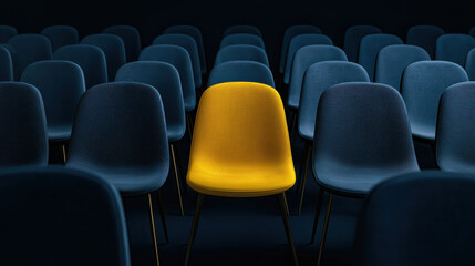 Fototapeta premium A single yellow chair stands out among many blue chairs in a dark room