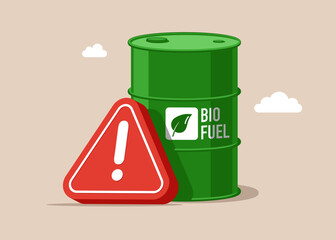 low-quality products. Biofuel in barrel with exclamation attention sign. Low demand. Sale of biofuel products. Modern flat vector illustration.