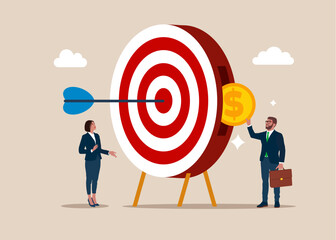 Businessman putting coin in wearing dartboard. Sales turnover tasks. Business strategy. Concentrate on purpose. action plan. Modern vector illustration in flat style.