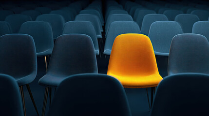Obraz premium A single yellow chair stands out in a sea of blue chairs