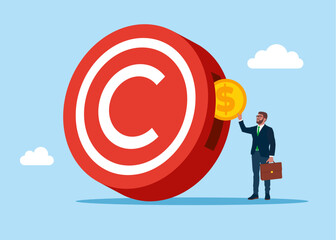 Businessman putting coin in copyright symbol. Intellectual property and legislation. Patent office. Legal consultation. Intellectual property defence. Flat vector illustration