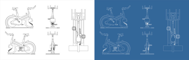 Fototapeta premium Orthographic Technical Drawing of Stationary Spin Bike Machine