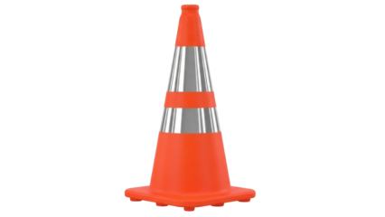 Isolated orange traffic cone with stripes for road work or safety, a warning sign on road