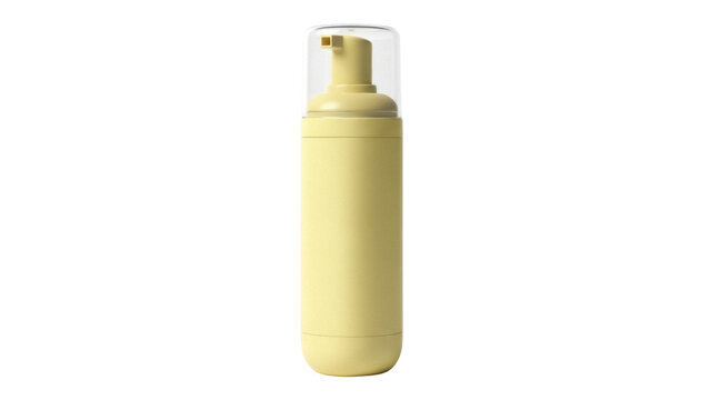 Isolated pastel yellow bottle with dispenser, face wash, skin care product, no reflections
