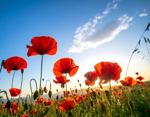 Field of red poppies, backlit by a warm sun and a bright, vibrant, partly cloudy sky