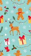 Festive winter pattern of reindeer, gingerbread men, gifts, and snowflakes on a blue background