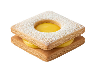 Isolated square lemon sandwich cookie with powdered sugar, a delightful patisserie treat