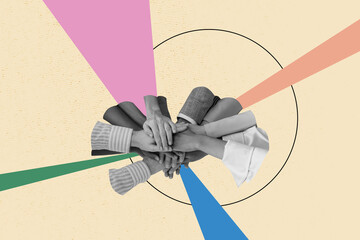 Full image pop contemporary photo collage of human business partners high-five gesture progress statistics team building cooperation