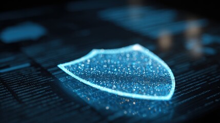 Digital cybersecurity shield made of glowing particles on a dark blue background.
