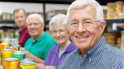 Group of smiling seniors standing together in a grocery store aisle, representing active lifestyle, community and healthy aging.