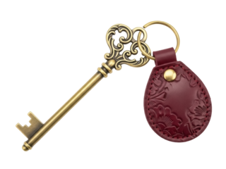 Isolated Antique Key and Burgundy Leather Keychain, Metal Ring Connector, No Background